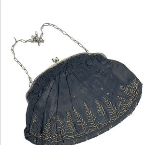 Antique 1910 black sateen hand beaded wristlet purse bag